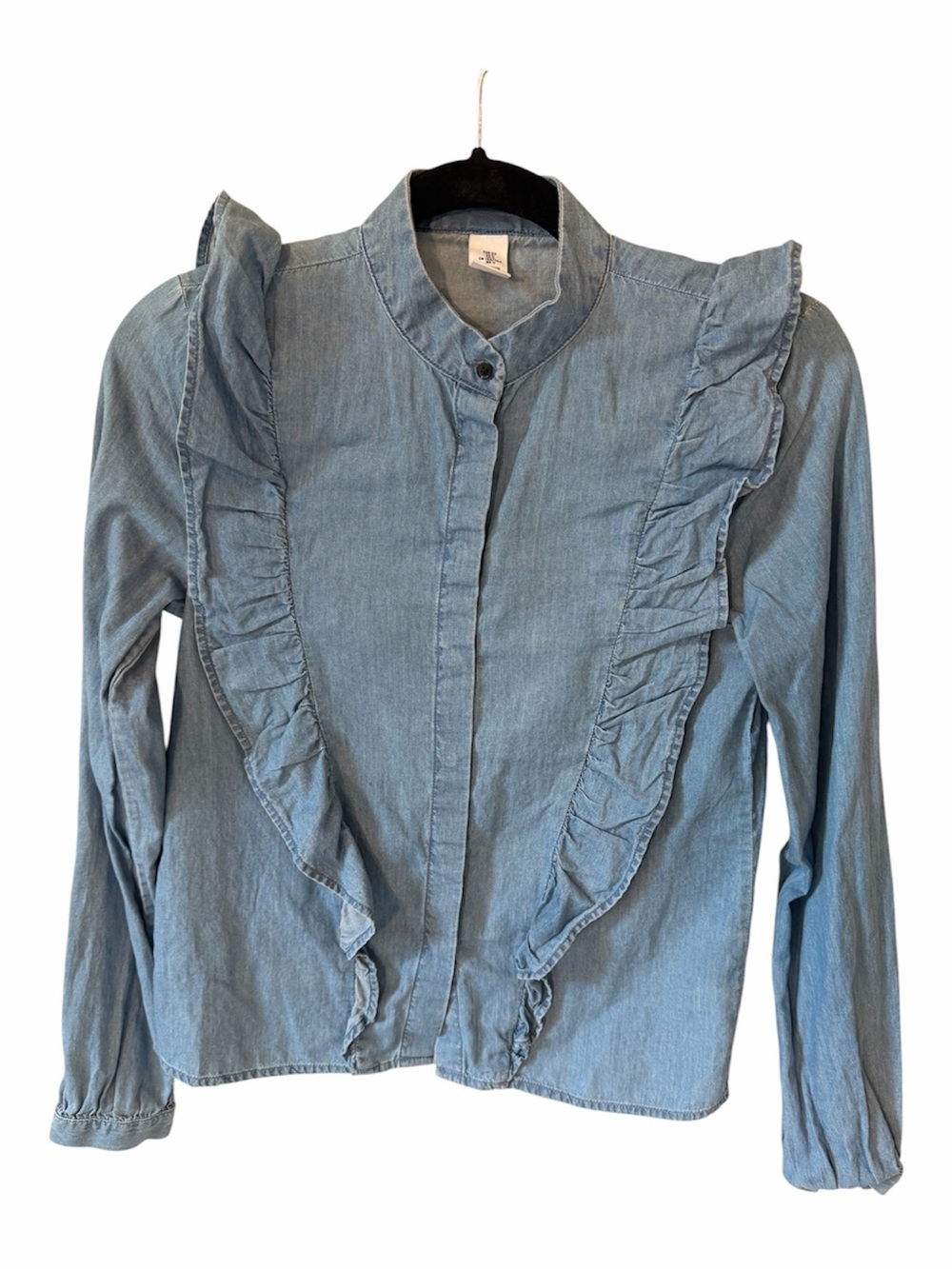 Denim Ruffle Front Jacket - Light Blue